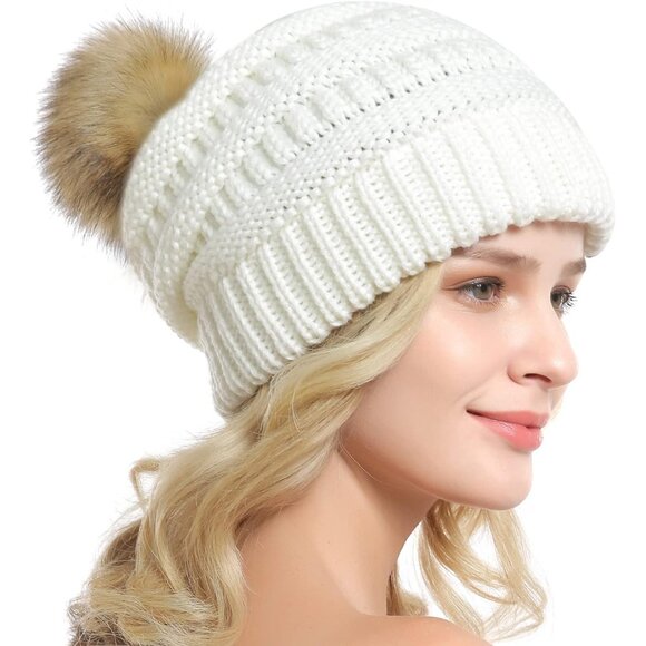 Women White 2 Soft Acrylic Thick Baggy Knit Winter Faux Fur Pompom Beanie - Picture 4 of 6